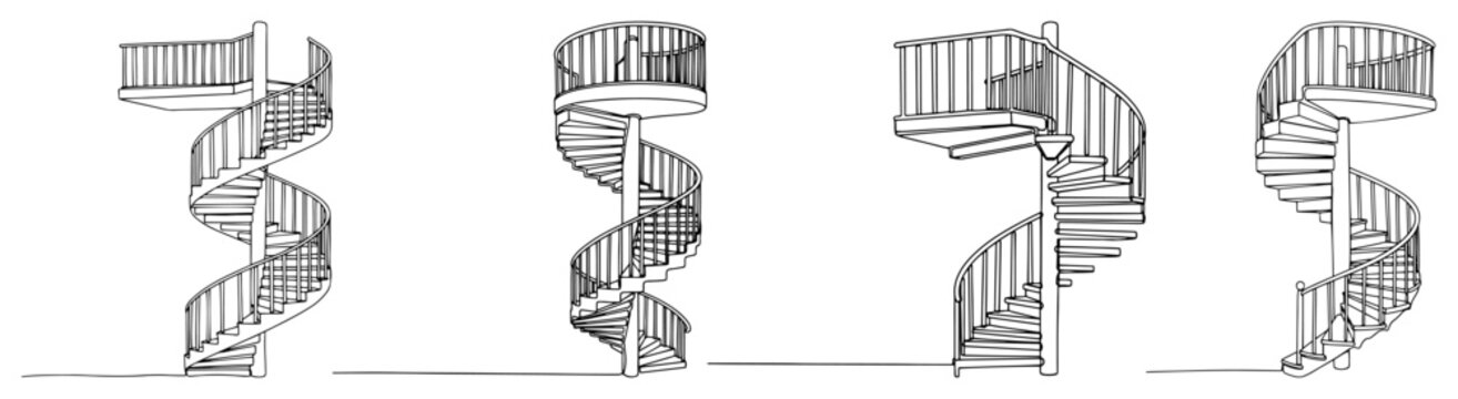 Set of spiral staircase designs in minimalist architectural line art sketch style