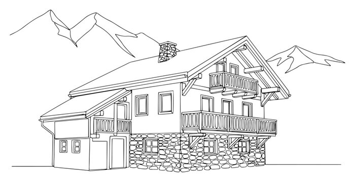 Continuous line drawing of a traditional alpine chalet house with stone foundation and mountains background