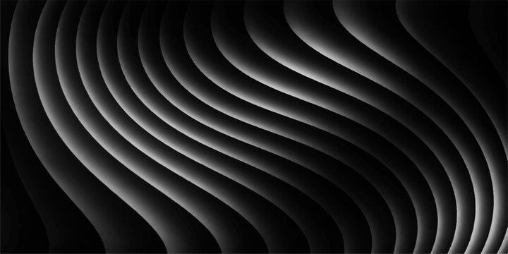Abstract black and white 3d spiral pattern featuring futuristic metal curves and round fractal waves in a dark motion background design