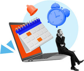 Businessman on laptop with floating calendar, clock, and bell icons in creative collage style on...