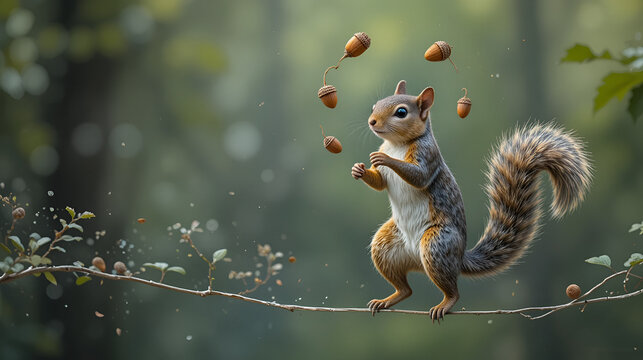 A squirrel juggling acorns while balancing on a tightrope