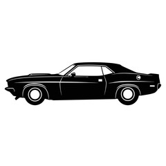 Obraz premium Classic Muscle Car Side Silhouette, Black and White Vintage American Coupe Vector Illustration