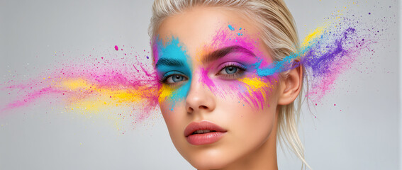 Vibrant colors burst across a model's face, capturing the essence of creativity and expression at an artistic event in a modern studio