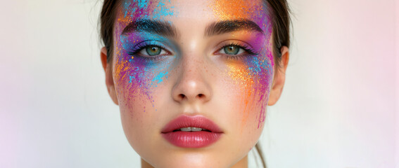 Vibrant face art showcases an explosion of colors at a creative makeup event in a bright studio setting