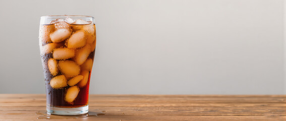 Refreshing glass of cold soda filled with ice cubes sits on a rustic wooden table in a bright, minimalist setting during a warm afternoon