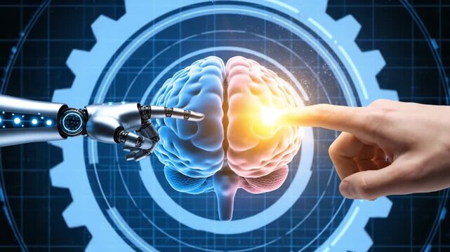 Human hand and robotic arm touching, with glowing brain hemispheres and abstract blue cogwheel interface representing artificial intelligence and machine learning.