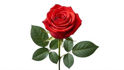 Fototapeta premium A single red rose with green leaves on transparent background