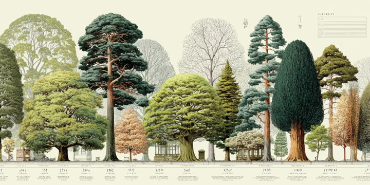 A vibrant and diverse forest scene with various types of trees and mushrooms