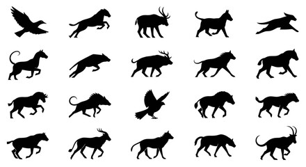 Obraz premium Black silhouettes of running animals and a bird on white background
