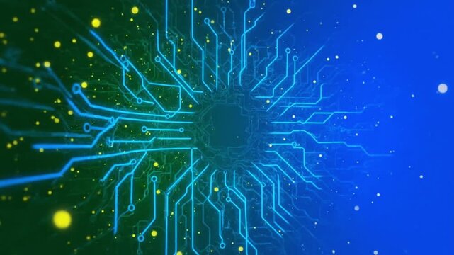 Abstract 3D render of a glowing blue circuit board pattern with radiating lines and small yellow particles on a gradient background, ideal for technology presentations or website banners.