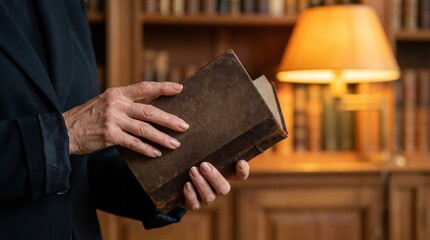 Fototapeta premium Older person holding antique book in library with warm lighting 