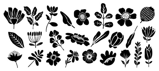 Obraz premium Set of black abstract flower and leaf silhouettes. Hand drawn floral icons and organic design elements isolated on transparent background. Perfect for cut files and clipart.