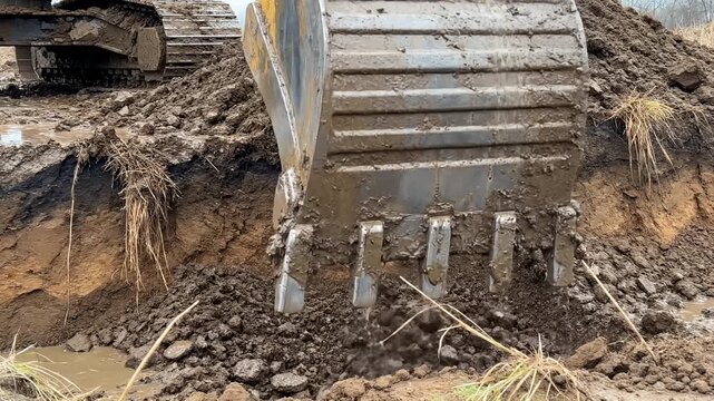 Heavy machinery bucket digging deep into wet earth and exposing root structures