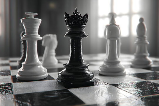 Dramatic close up of a black chess queen standing on a chessboard surrounded by white pieces, symbolizing strategy, leadership and competitive thinking.
