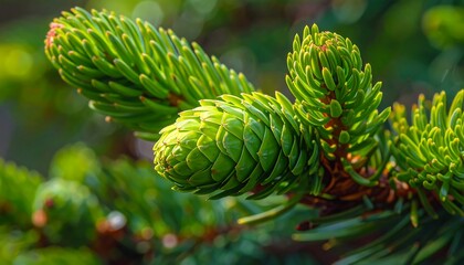 Close-up of vibrant green conifer foliage. New growth and developing cones with intricate details and textures. Sunlight illuminates the delicate needles