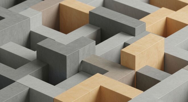 Abstract geometric maze pattern with concrete and wood textures