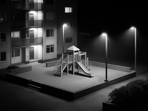 Empty playground slide under streetlights in residential courtyard at night. Black and white apartment building scene with harsh lighting and deep shadows creating liminal space and backrooms atmosphe