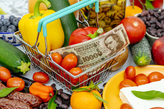 Shopping cart with food and Paraguayan money. Financial and business concept. Rising prices in Paraguay, increasing food prices. Close up