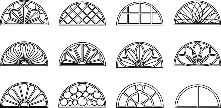 Collection of Decorative Semicircular Transom Window Grille Designs, Fanlight Architectural Elements, Arched Doorway Glass Patterns, Ornamental Line Art Vector Illustrations