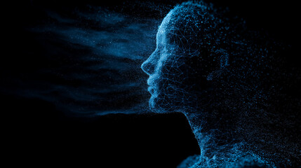 Obraz premium blue digital particles form the profile of an ai head on a black background, symbolizing artificial intelligence and technology
