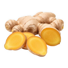 Freshly sliced ginger root and whole ginger rhizome on a white background isolated on transparent background