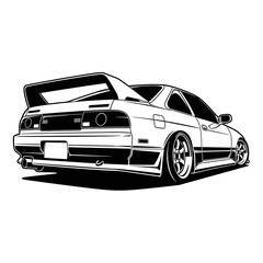 Obraz premium Black and white vector JDM sports car rear view, tuner drift coupe silhouette illustration