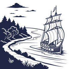 Sailing ship on river with trees and clouds navy blue © dddd