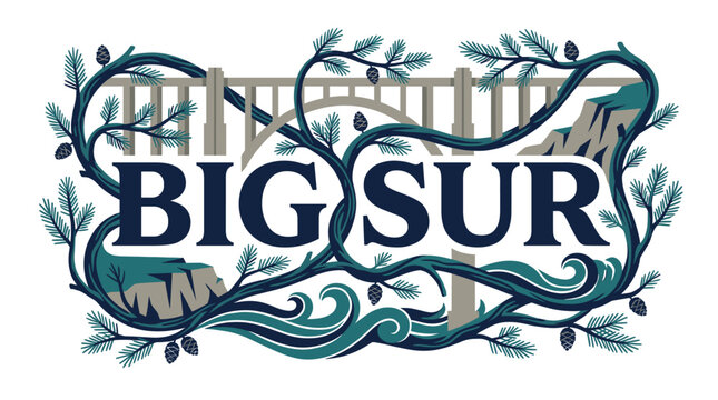 Big Sur California coastal landscape with Bixby Bridge vector illustration