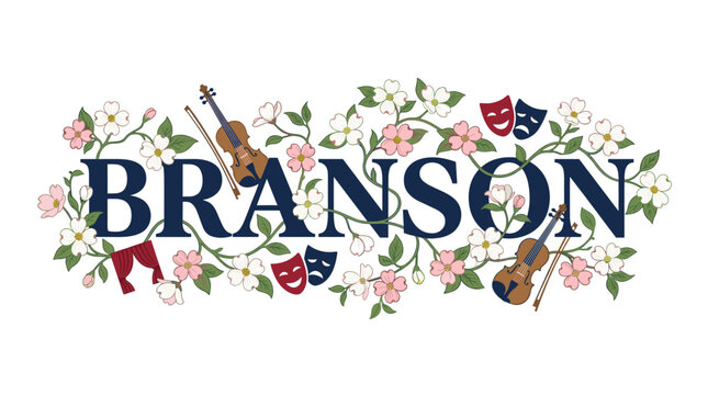 Branson Missouri city title with violins and flowers vector illustration
