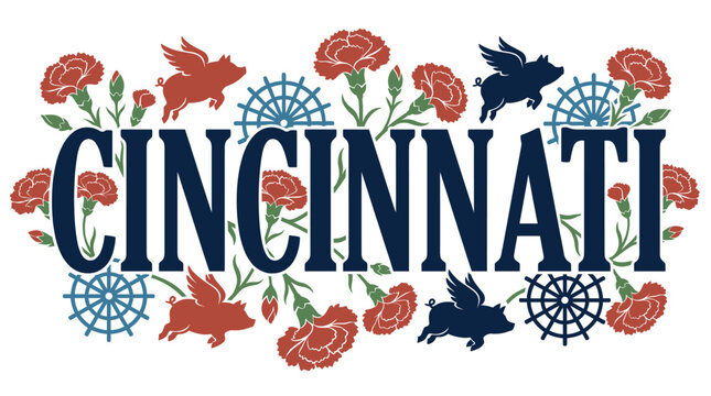 Cincinnati city name with flying pigs and carnations vector illustration