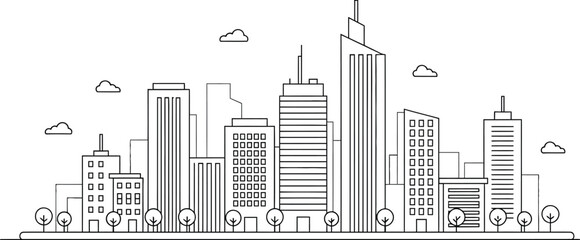 A black and white line drawing of a city skyline with buildings and trees © GOUTOM