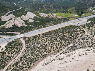 The Cajon Pass Fault Zone in California from A UAV Aerial Drone looking at the Mormon Rock Cajon Pass Formation in the San Andreas Fault Zone in California.