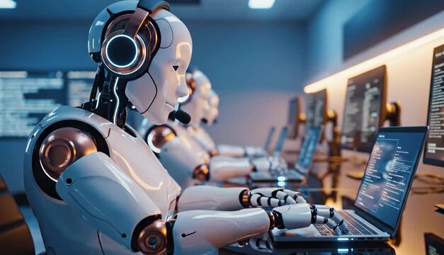 A row of humanoid robot operators wearing headsets work at computers in a modern tech center. The concept shows an automated call center and the mass implementation of AI in workflows