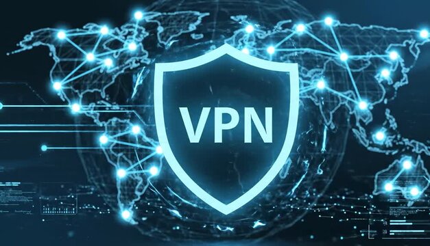 Global world map with a VPN protective shield and a glowing network of connections. Concept of secure internet connection and data privacy protection on a global scale