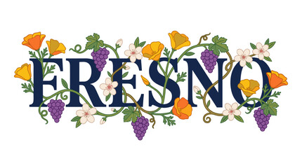 Naklejka premium Fresno city name with poppies and grapes vector illustration