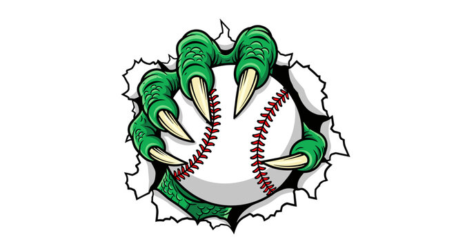 Aggressive green monster claw rips through white background grasping a classic baseball with red stitching in a fierce grip