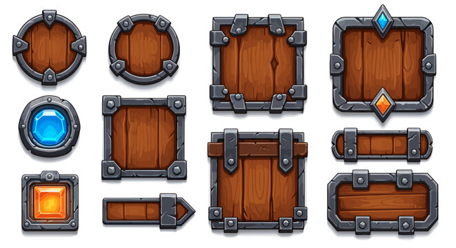 Collection of fantasy game ui elements including wooden and stone frames buttons with glowing gems and ornate panels perfect
