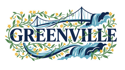Greenville city landmarks and nature floral vector illustration