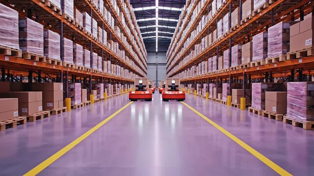 Autonomous mobile robots moving cargo between towering warehouse shelving units