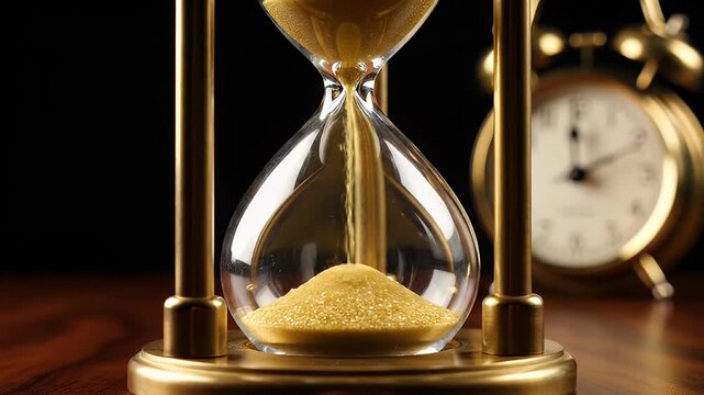 Sand falls through an hourglass standing on a wooden table with a clock in the background