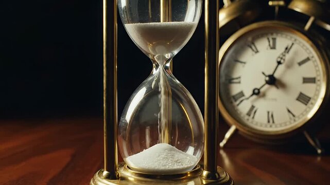 Time passing slowly as sand flows through an hourglass on a wooden table beside an antique clock
