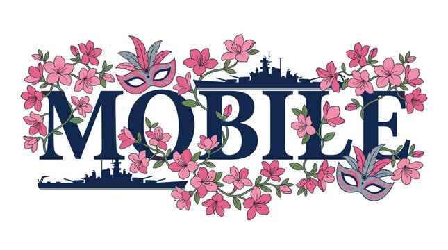 Mobile Alabama souvenir with floral and maritime elements vector illustration