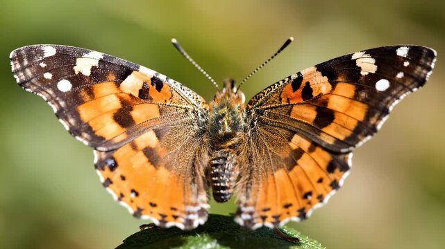 Macro close-up of a Painted Lady butterfly opening its wings on a green leaf. Insect revealing vibrant orange and black patterns in a garden. Nature and wildlife concept