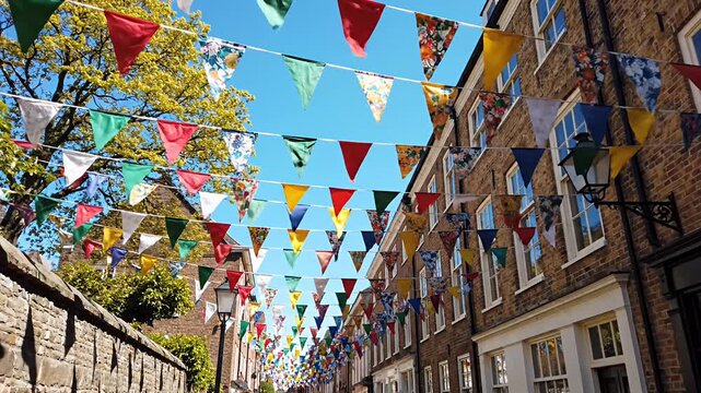 Colorful triangular flags strung across street between historic buildings and stone wall