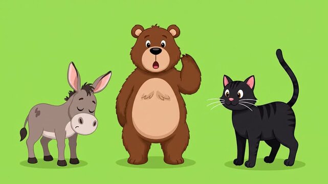 Animated animals group a donkey,bear,and cat standing against green background for childrens storytelling and entertainment