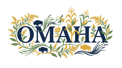 Obraz premium Omaha Nebraska city name with bison and corn vector illustration