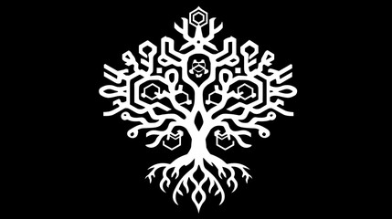 Stylized white tree symbol with intricate, abstract roots and branches on black, representing growth, connection, and digital nature
