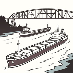 Obraz premium Cargo ships on a river under a bridge freight ship