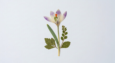 Obraz premium Detailed view of a pressed crocus flower and various dry leaves on paper.