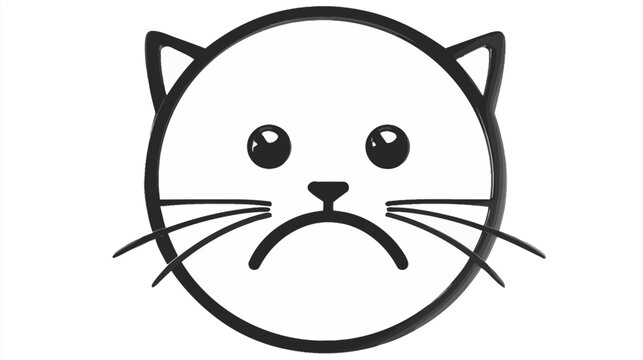 Sad Cat Face Line Art Illustration with Frowning Expression on Isolated White Background, Upset Feline Avatar Icon